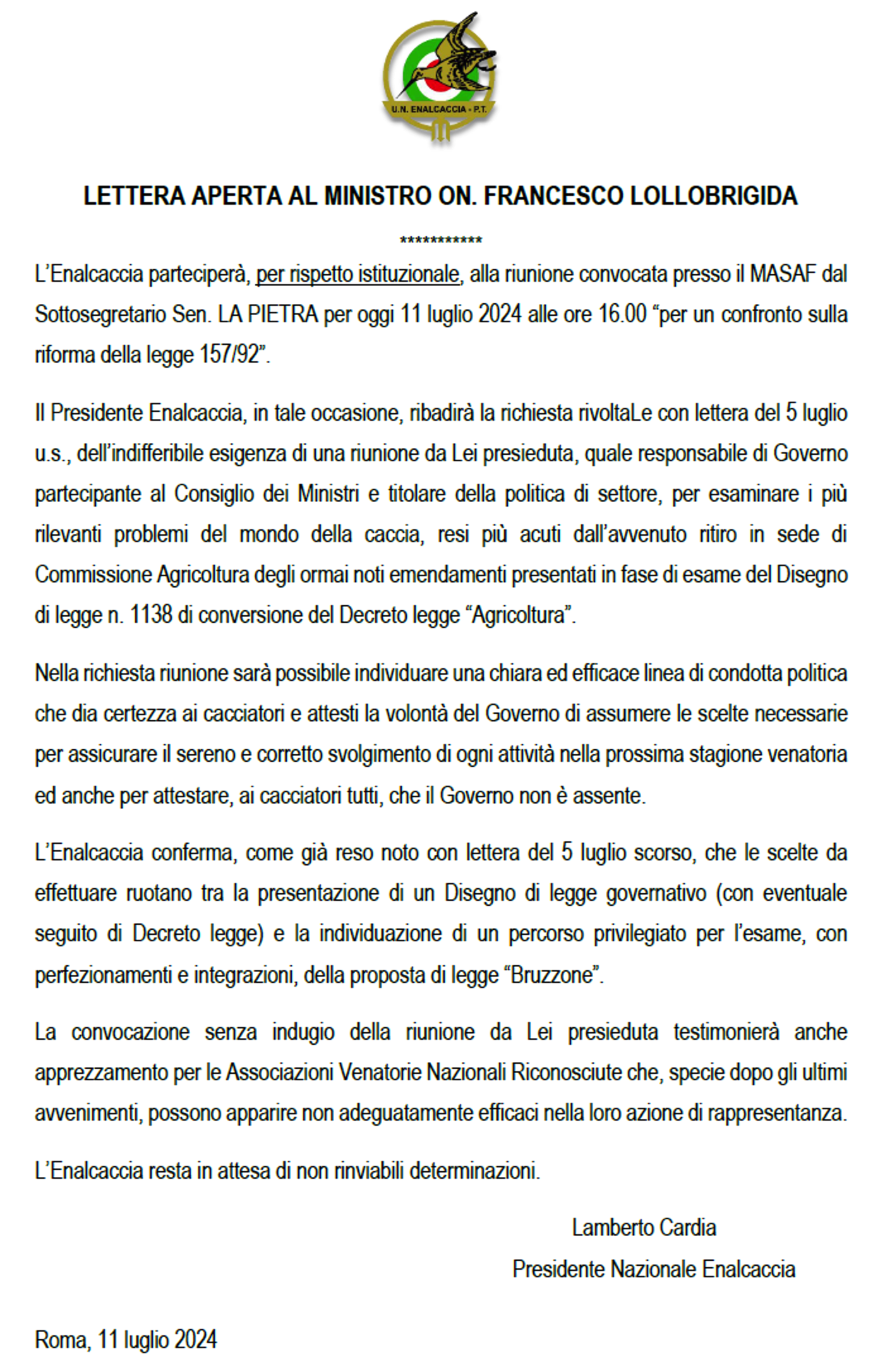 Lettera aperta al Ministro Francesco Lollobrigida - (11/7/2024)